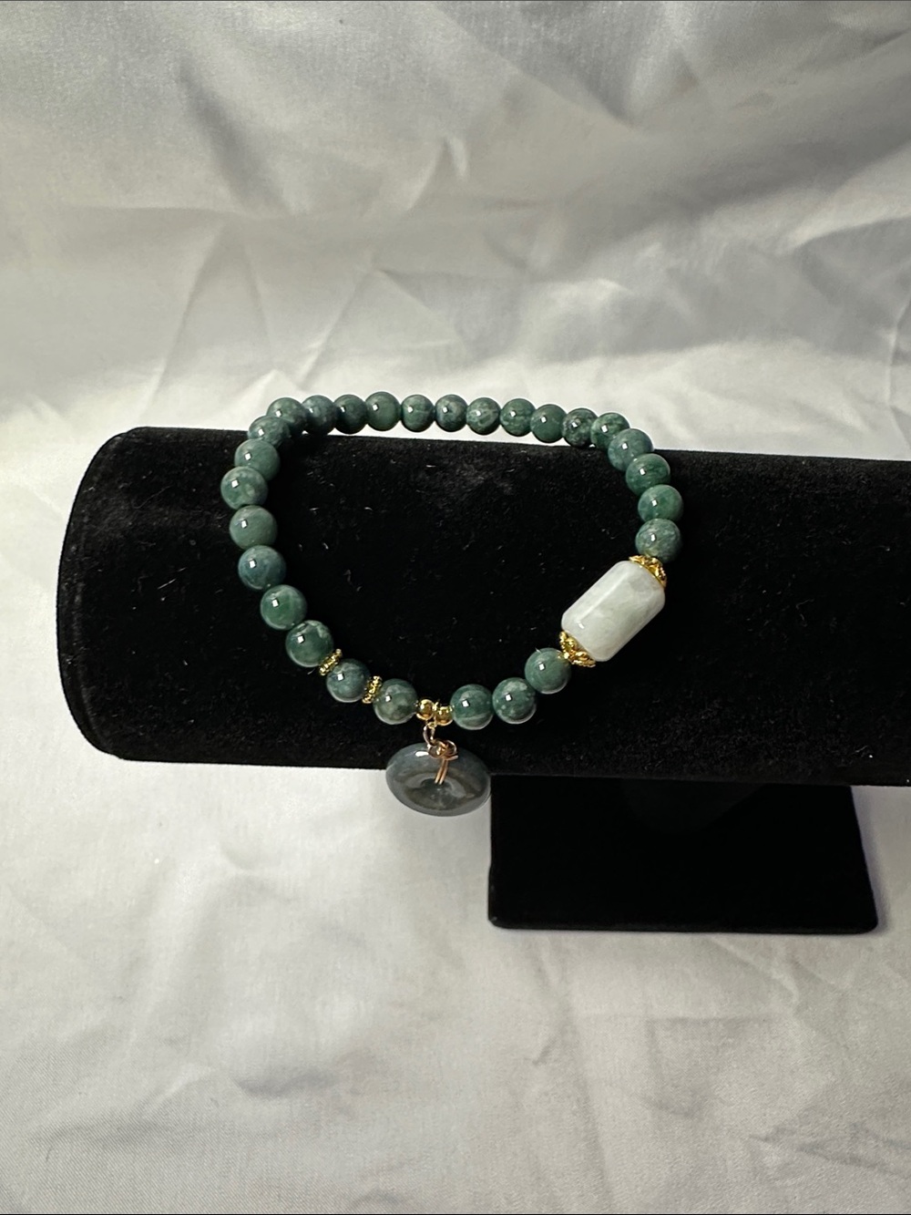 Jade Stretch Bracelet with White Accent and Gold Details